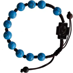 Sine Cera Turquoise/Jujube Wood 1 Decade Catholic Rosary Bracelet, Double-sided Laser Engraved Centerpiece with Crucifix/Madonna with Child, Adjustable Corded Design, Smooth Round 8mm Beads