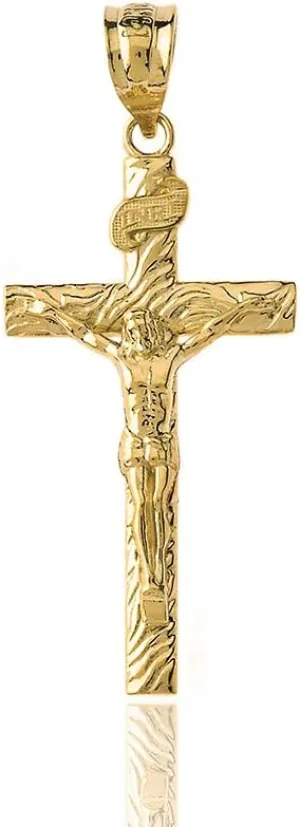 Solid 10k Yellow Gold Wood Textured Crucifix Cross Pendant (1.40")