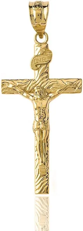 Solid 10k Yellow Gold Wood Textured Crucifix Cross Pendant (1.40")