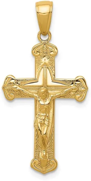Solid 14k Gold Polished & Textured Crucifix with Jesus on Engraved Cross Pendant
