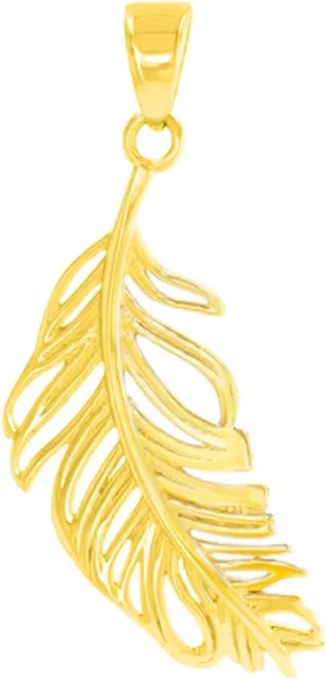 Solid 14K Yellow Gold Textured Feather Charm Pendant