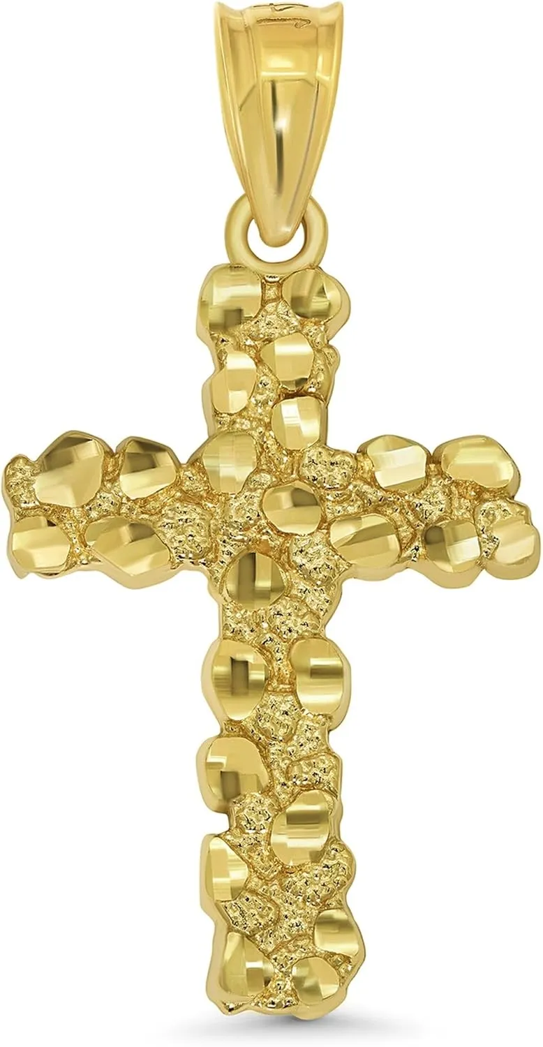 Solid 14k Yellow Gold Textured Nugget Cross Pendant