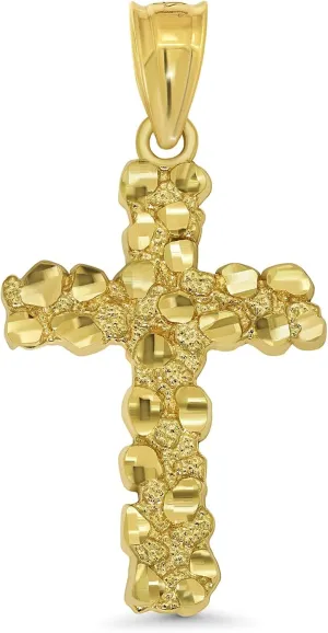 Solid 14k Yellow Gold Textured Nugget Cross Pendant