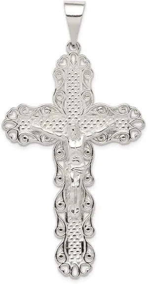 Solid Sterling Silver Polished & Textured Large Floral Cross W/Jesus Pendant