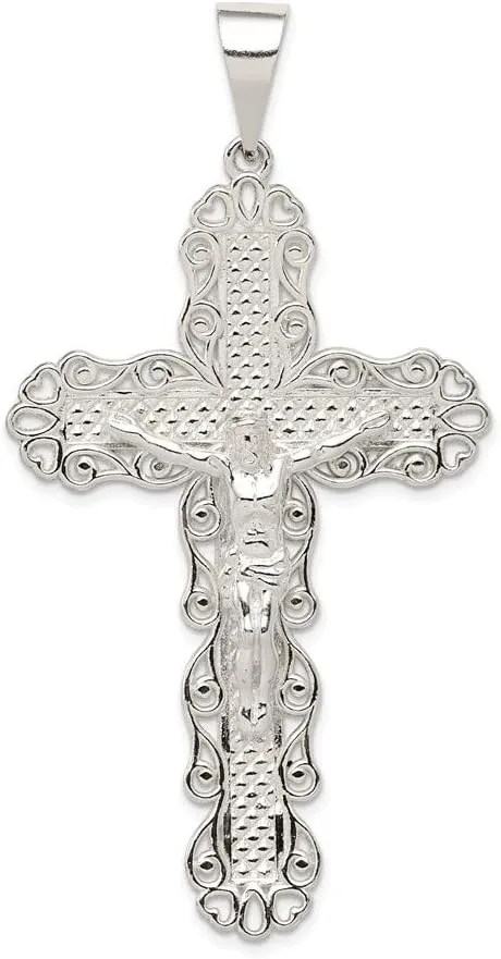 Solid Sterling Silver Polished & Textured Large Floral Cross W/Jesus Pendant