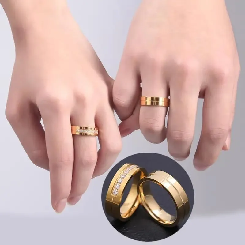 Stainless Steel Promise Ring, Shiny Zircon Inlay, Elegant Couple Finger Jewelry, 925 Silver Plated