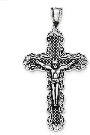 Sterling Silver Antiqued & Textured Large Floral Cross w/Jesus Pendant