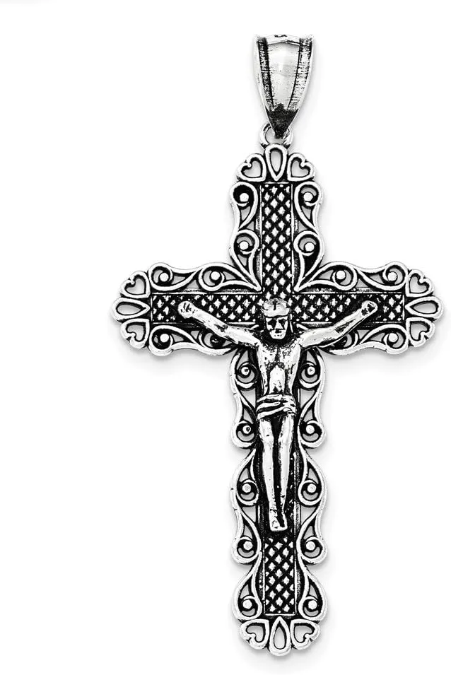 Sterling Silver Antiqued & Textured Large Floral Cross w/Jesus Pendant
