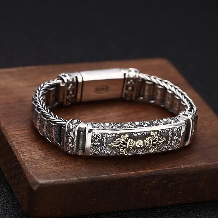 Sterling Silver Bangle,Retro Bracelet,S925 Silver Rotatingsix-character Mantra Bracelet,Men Women Religious Bracelet,Vajra Pestle Prayer Wheel,Tibetan Buddhist Jewelry Gift,Retro Nostalgic Good Luck C