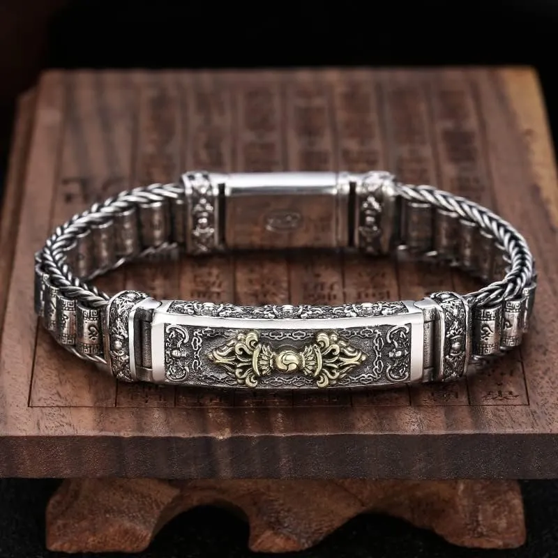 Sterling Silver Bangle,Retro Bracelet,S925 Silver Rotatingsix-character Mantra Bracelet,Men Women Religious Bracelet,Vajra Pestle Prayer Wheel,Tibetan Buddhist Jewelry Gift,Retro Nostalgic Good Luck C