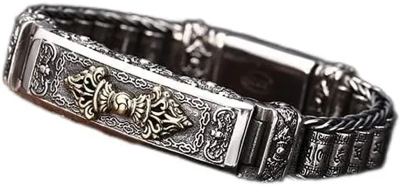 Sterling Silver Bangle,Retro Bracelet,S925 Silver Rotatingsix-character Mantra Bracelet,Men Women Religious Bracelet,Vajra Pestle Prayer Wheel,Tibetan Buddhist Jewelry Gift,Retro Nostalgic Good Luck C