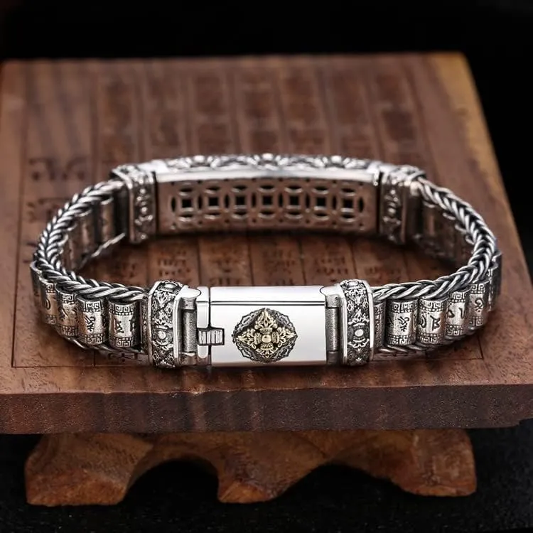 Sterling Silver Bangle,Retro Bracelet,S925 Silver Rotatingsix-character Mantra Bracelet,Men Women Religious Bracelet,Vajra Pestle Prayer Wheel,Tibetan Buddhist Jewelry Gift,Retro Nostalgic Good Luck C