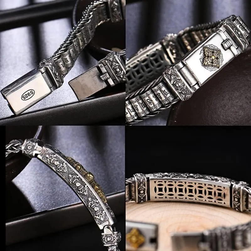Sterling Silver Bangle,Retro Bracelet,S925 Silver Rotatingsix-character Mantra Bracelet,Men Women Religious Bracelet,Vajra Pestle Prayer Wheel,Tibetan Buddhist Jewelry Gift,Retro Nostalgic Good Luck C