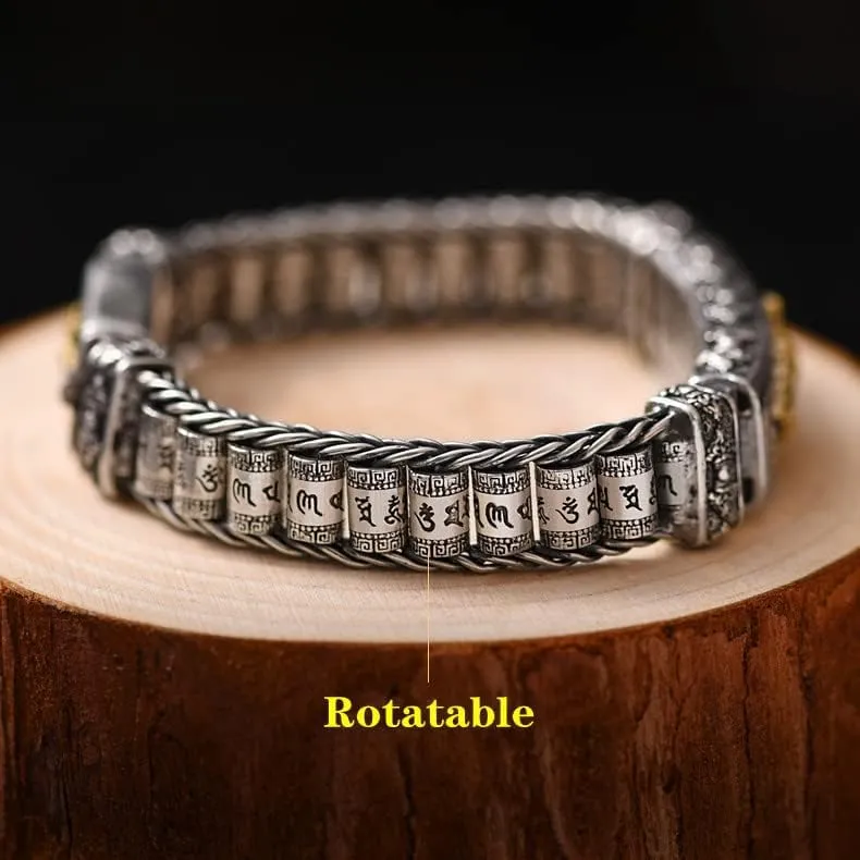 Sterling Silver Bangle,Retro Bracelet,S925 Silver Rotatingsix-character Mantra Bracelet,Men Women Religious Bracelet,Vajra Pestle Prayer Wheel,Tibetan Buddhist Jewelry Gift,Retro Nostalgic Good Luck C