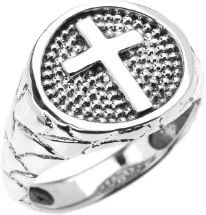 Sterling Silver Textured Band Christian Religious Cross Men's Ring