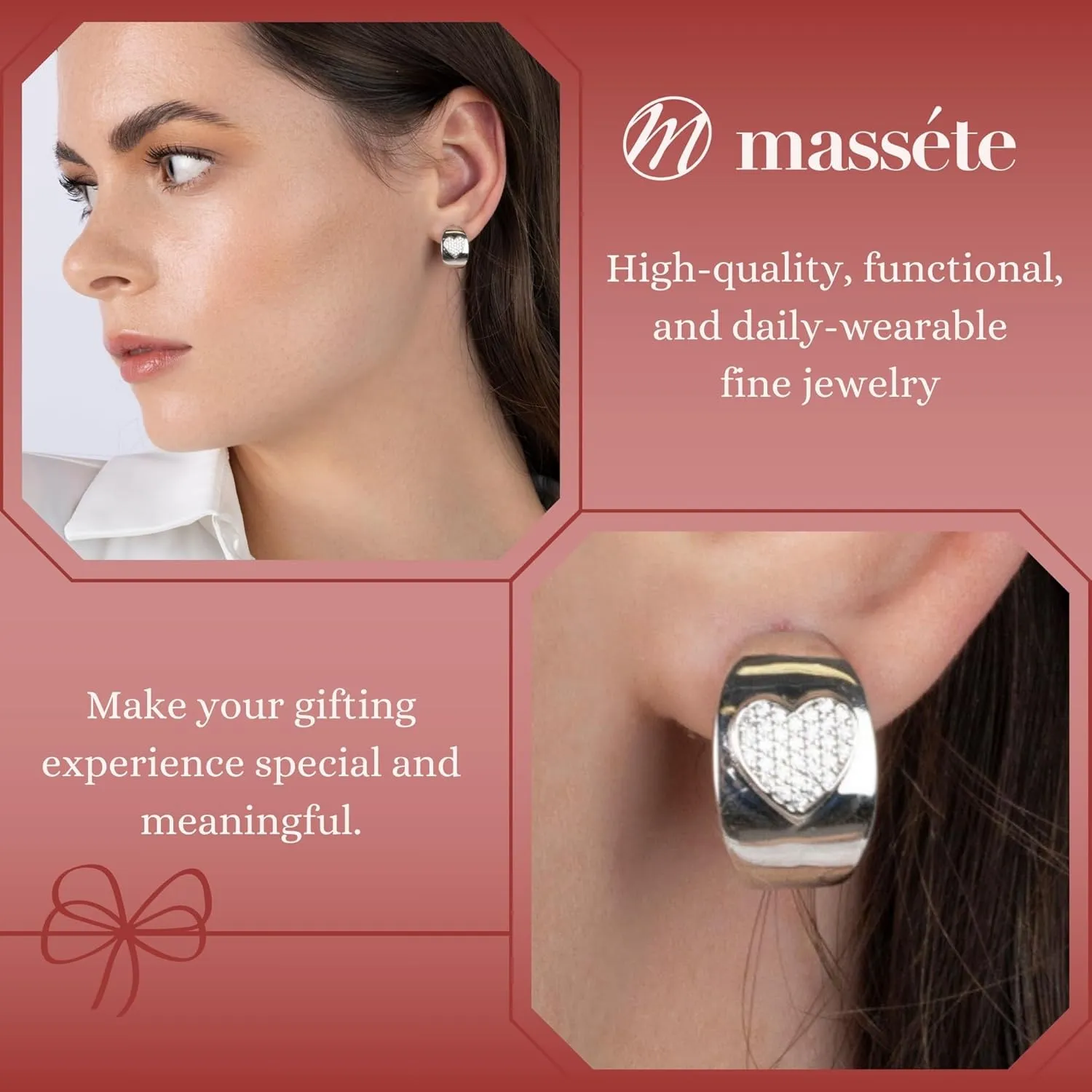 Sterling Silver Wide Hoop Huggie Earrings Simulated Diamonds Heart Polished Shiny French Clip