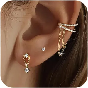SUYACS 1Pc 14K Gold Plated Cubic Zirconia Chain Earrings Set for Women Dainty 3 Piercing Stackable Ear Cruff Dangle Earring Hypoallergenic Cartilage Earring Jewelry Birthday Gifts for Her