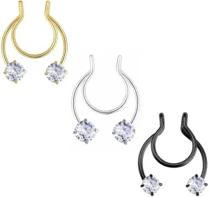 Teardrop Pendant Earrings with Cubic Zirconia Stones, Set of 3, Gold, Silver, Black Fake Nose Ring Hoop Fake Septum Nose Rings Non Pierced Nose Ring Jewelry for Women Men