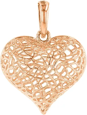 Textured 14k Rose Gold Puffed Filigree Heart Charm Pendant