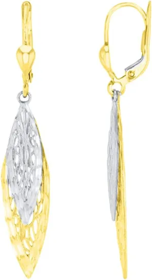 Textured 14K Two Tone Gold Fancy Double Leaf Drop Dangle Earrings