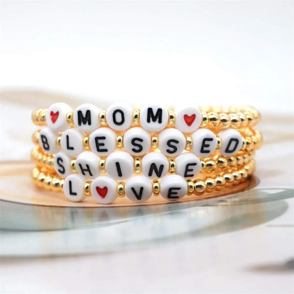 The Woo's Gold Color Ball Beaded Bracelets Brass Mama Love Letter Wrapped Bracelet Boho Handmade Beads Charm Bracelet Summer Femme Friendship Jewelry for Women Stretch Stackable Bracelet