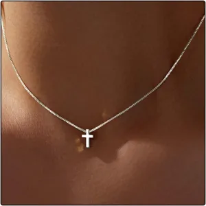 Tiny Mini Cross Necklace, Silver Shiny Choker Pendant Cross Box Chain for Women