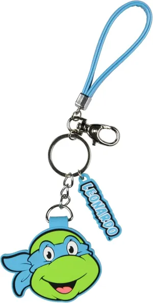 TMNT Leonardo Rubber Character Design Air Tag Holder Keychain Wristlet with Lobster Clasp and 2" Rubber Leonardo Pendant