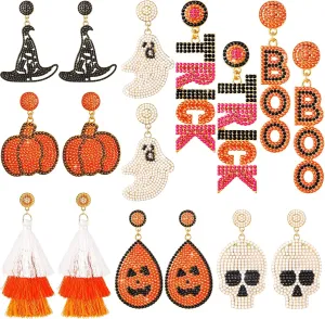 Tondiamo 8 Pairs Beaded Earrings Spooky Ghost Pumpkin Witch Hat Skull Boo Bead Dangle Handmade Gothic Earrings for Women Girls