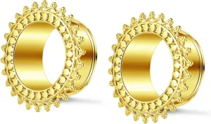 Tunnel Earrings, 1 Pair Ear Gauges Stainless Steel Gold/Silver with Vintage Flower Body Jewelry Piercing Kit