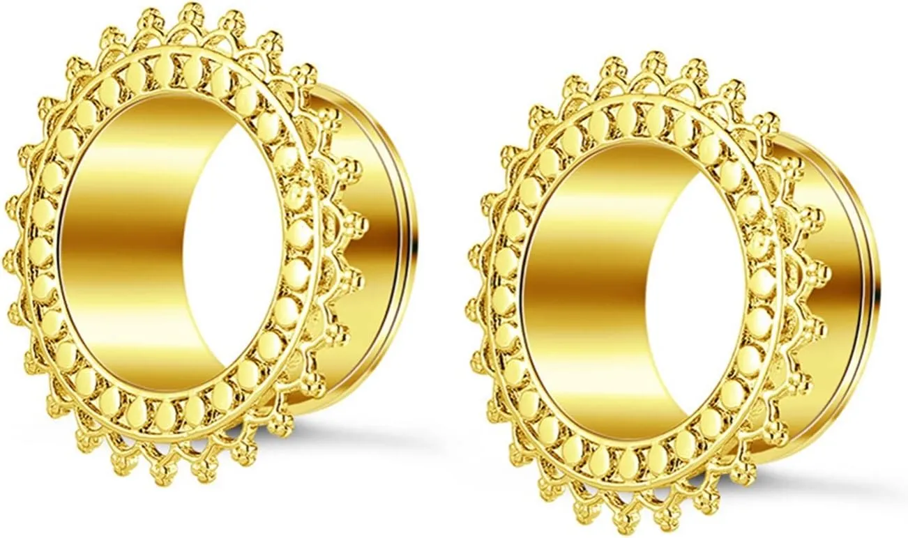 Tunnel Earrings, 1 Pair Ear Gauges Stainless Steel Gold/Silver with Vintage Flower Body Jewelry Piercing Kit