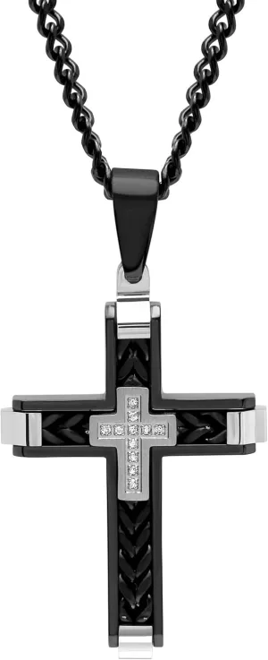 Two Tone Black and Stainless Steel Diamond Modern Cross Pendant Necklace on Black Rolo Chain 24