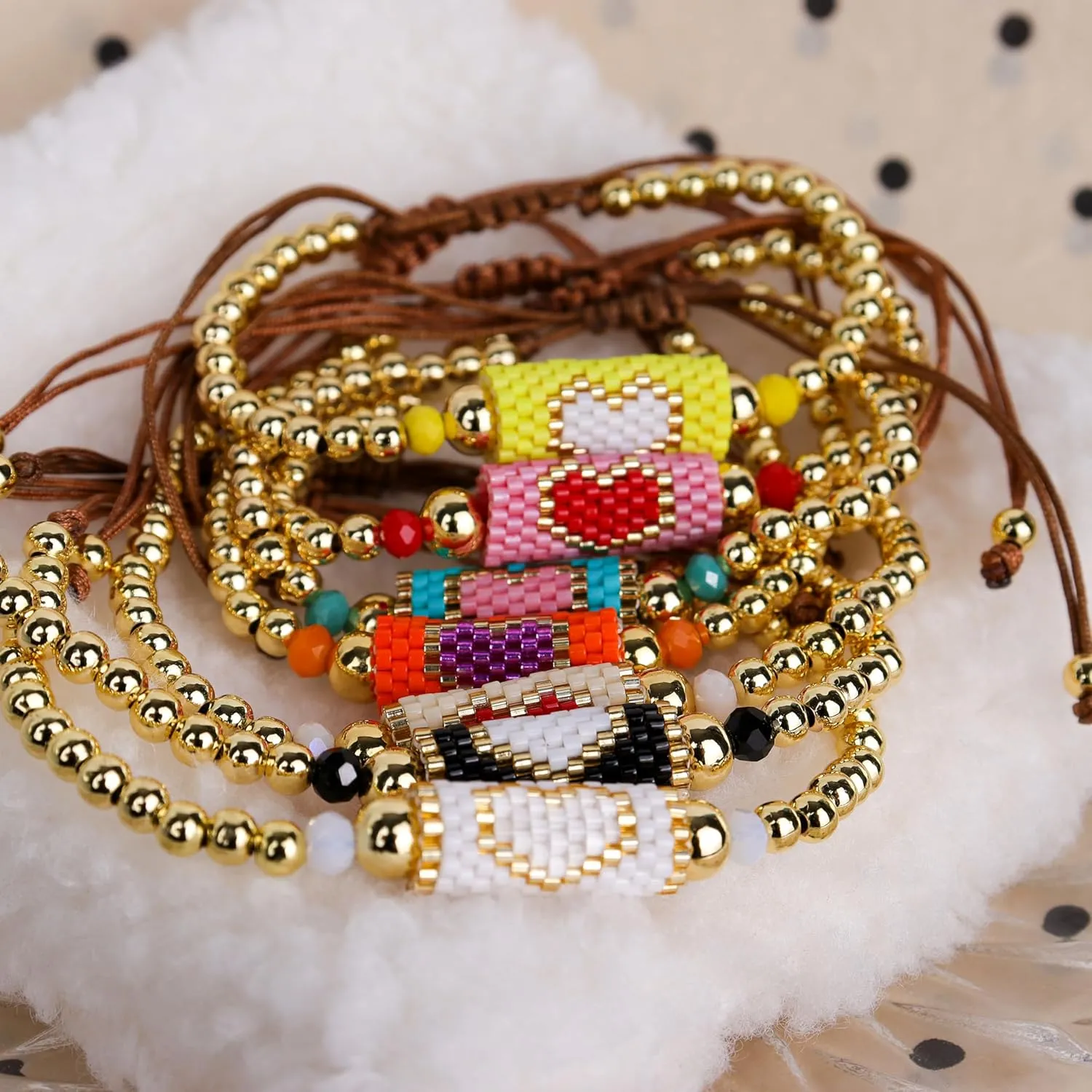 Valentines Day Gold Beaded Heart Adjustable Friendship Bracelet for Women, Handmade Boho Colorful Seed Beads Cute Stacking Bracelets Charm Jewelry Gift