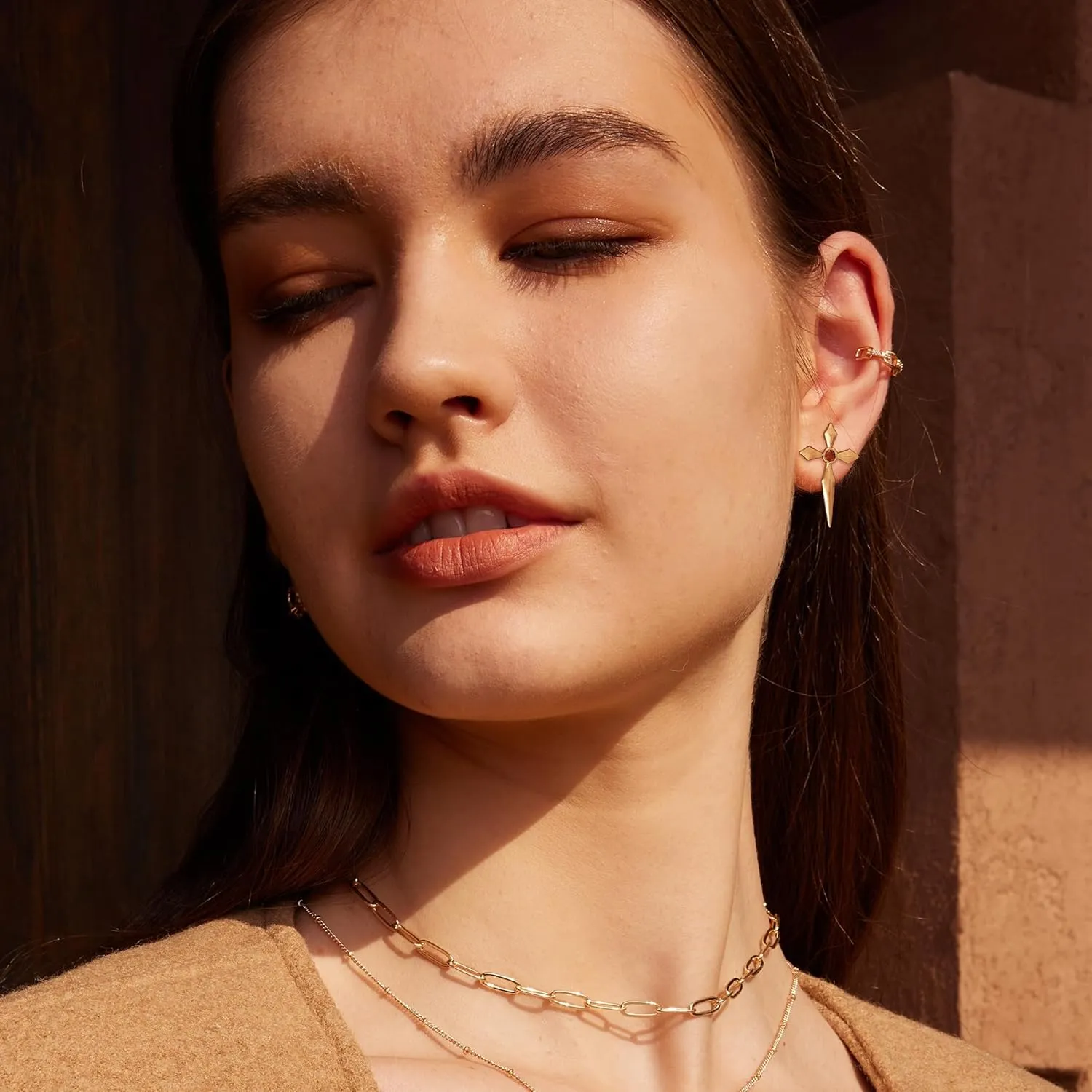 VALLOEY ROVER Stud Earrings for Women 14K Gold Plated Chain Moon Snake Butterfly Cross Ear Studs Cartilage Ear Jacket Minimalist Earrings Everyday Jewelry Gift for Women