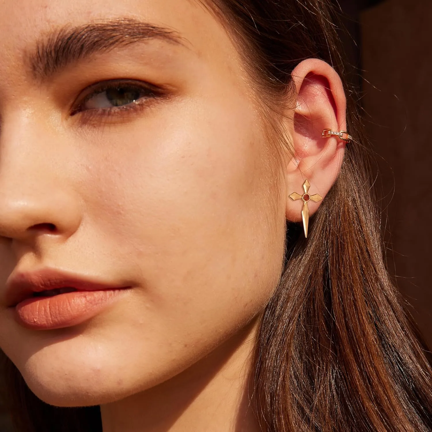 VALLOEY ROVER Stud Earrings for Women 14K Gold Plated Chain Moon Snake Butterfly Cross Ear Studs Cartilage Ear Jacket Minimalist Earrings Everyday Jewelry Gift for Women