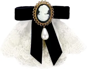 Velvet Bowknot Pre-tied Bow Tie Neck Tie Lace Brooch Lapel Pins for Women Girls Elegant Vintage Portrait Pearl Charm Suit Shirt Collar Tie Corsage Clothes Jewelry Accessories Party Banquet Birthday Gifts