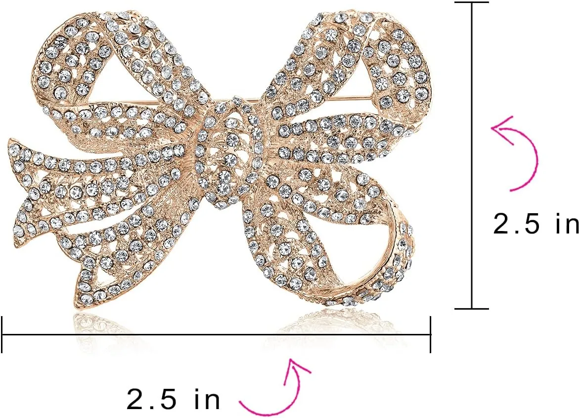 Victorian Vintage Style Winter Wedding Holiday Royal Blue White Glittering Crystal Pave Bridal Fashion Large Statement Filigree Ribbon Bow Scarf Brooch Pin For Women Silver Rose Plated