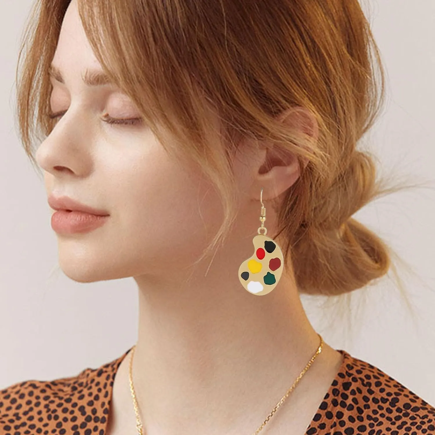 Vintage Asymmetric Artist Palette Paint Brush Dangle Drop Earrings Necklace Pendant for Women Statement Jewelry