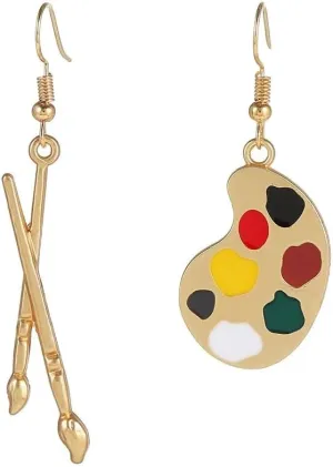 Vintage Asymmetric Artist Palette Paint Brush Dangle Drop Earrings Necklace Pendant for Women Statement Jewelry