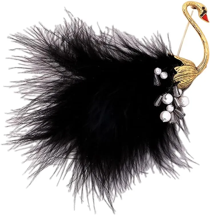 Vintage Feather Swan Brooch Pin for Women Girls Fashion Shell Pearls Black Animal Bird Brooches Lapel Pins Cute Dress Accessories Birthday Halloween Christmas Jewelry Gift