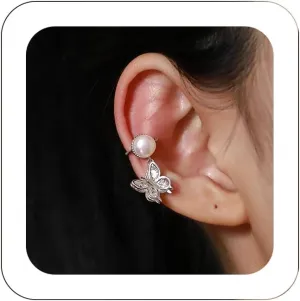 Vintage Pearl Cuff Wrap Earrings Chic Tiny Pearl Single Right Ear Non-Pierced Cartilage Clip Statement Crystal Butterfly Earrings Hanging Wedding Bridesmaid Jewelry for Women Silver