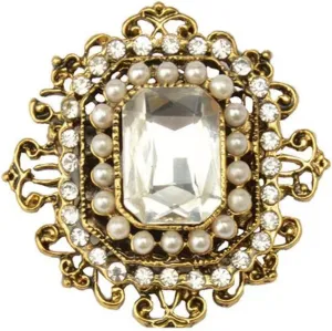 Vintage Rhinestone Pearl Brooch Gold Tone Baroque Rectangle Crystal Pin Victorian Style Elegant Wedding Jewelry
