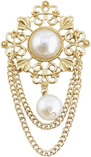 Vintage Round Pearl Filigree Flower Chain Tassel Brooches Lapel Pins for Women Girls Party Dance Banquet Dainty Boho Gold Dangle Drop Pin Dress Suit Clothes Accessories Jewelry