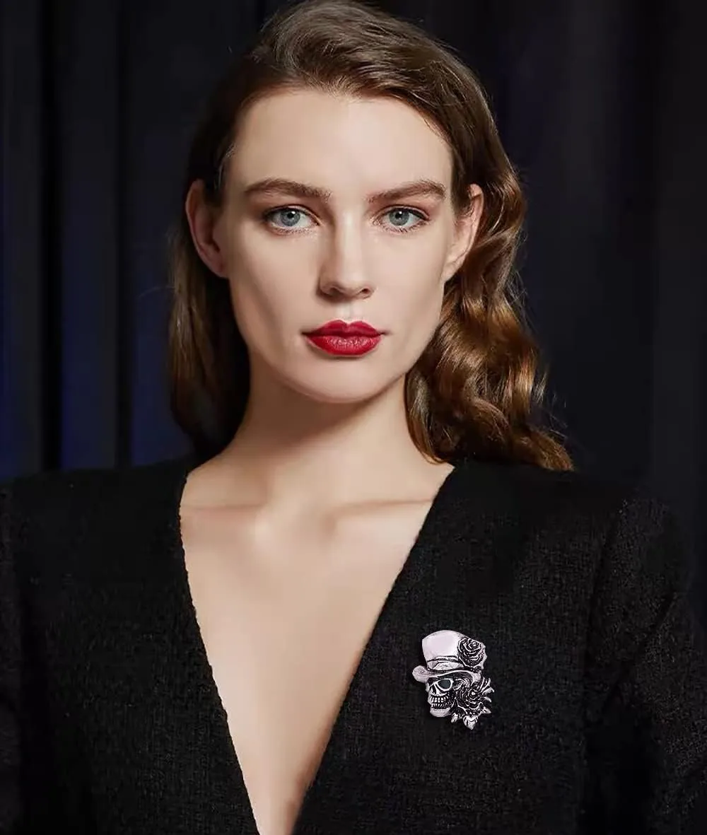 Vintage Skull Head Brooch Pin Skeleton Rose Flower Pins Clip Lapel Shawl Sweater Scarves Dress Suit Backpacks Badge Hat Brooches Pins Fashion Halloween Jewelry Gifts for Women Girls Men Accessories