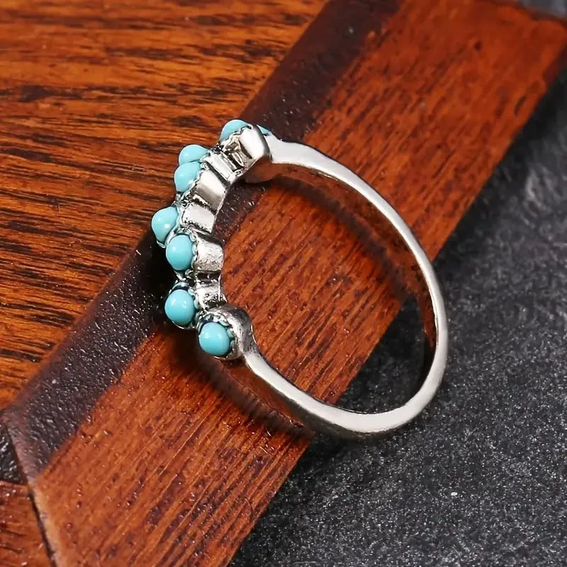 Vintage Sterling Silver Turquoise Stackable Ring for Women - Everyday Comfort Bohemia Promise Band