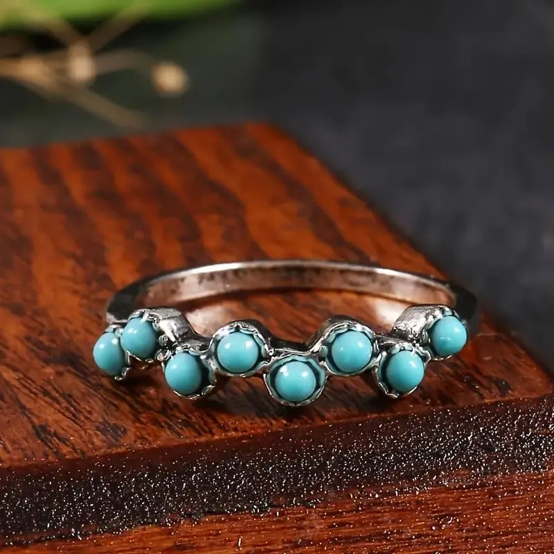 Vintage Sterling Silver Turquoise Stackable Ring for Women - Everyday Comfort Bohemia Promise Band