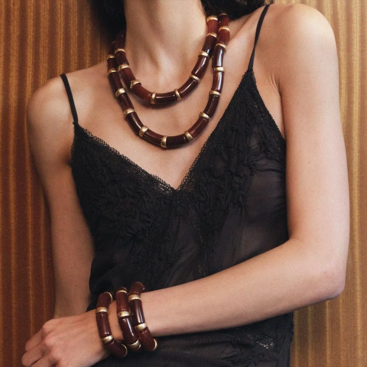 Vintage Style Bamboo Beaded Jewelry Set, Layered Strand Necklace and Bracelet, Brown and Golden Bracelet Necklace Boho Jewelry for Women