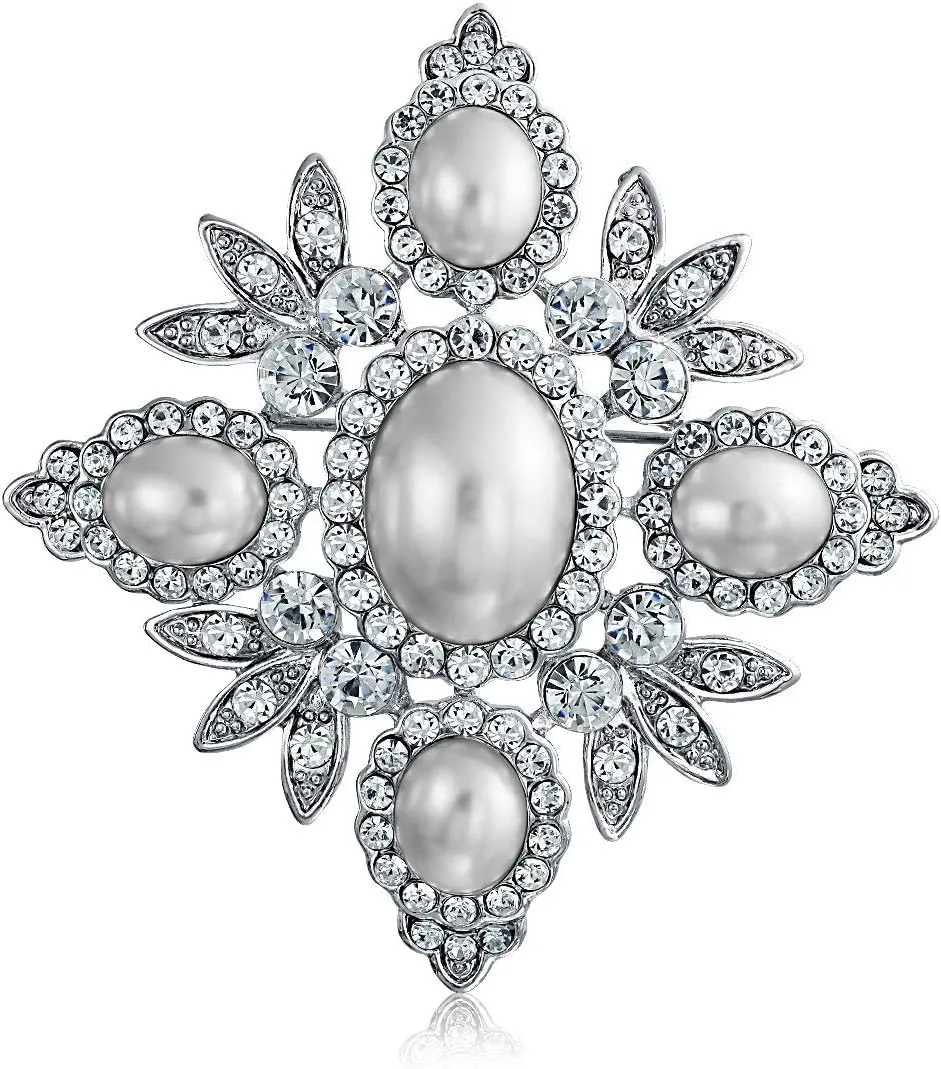 Vintage Style Bridal Large Statement Fashion Crystal Leaf Flower White Simulated Pearl Wedding Regal Queen Princess Royal Crown Brooch Pin For Women Silver Gold Tone Rhodium Plated Brass