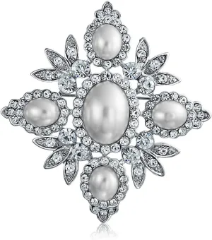 Vintage Style Bridal Large Statement Fashion Crystal Leaf Flower White Simulated Pearl Wedding Regal Queen Princess Royal Crown Brooch Pin For Women Silver Gold Tone Rhodium Plated Brass