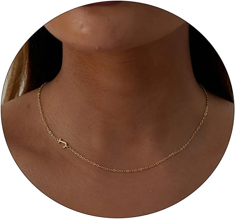 VIROMY Dainty Sideways Initial Name Necklace for Women 14K Gold Plated Minimalist Letter Necklace Personalized Name Choker Necklaces Simple Everyday Jewelry
