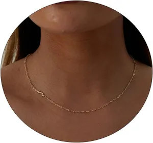 VIROMY Dainty Sideways Initial Name Necklace for Women 14K Gold Plated Minimalist Letter Necklace Personalized Name Choker Necklaces Simple Everyday Jewelry